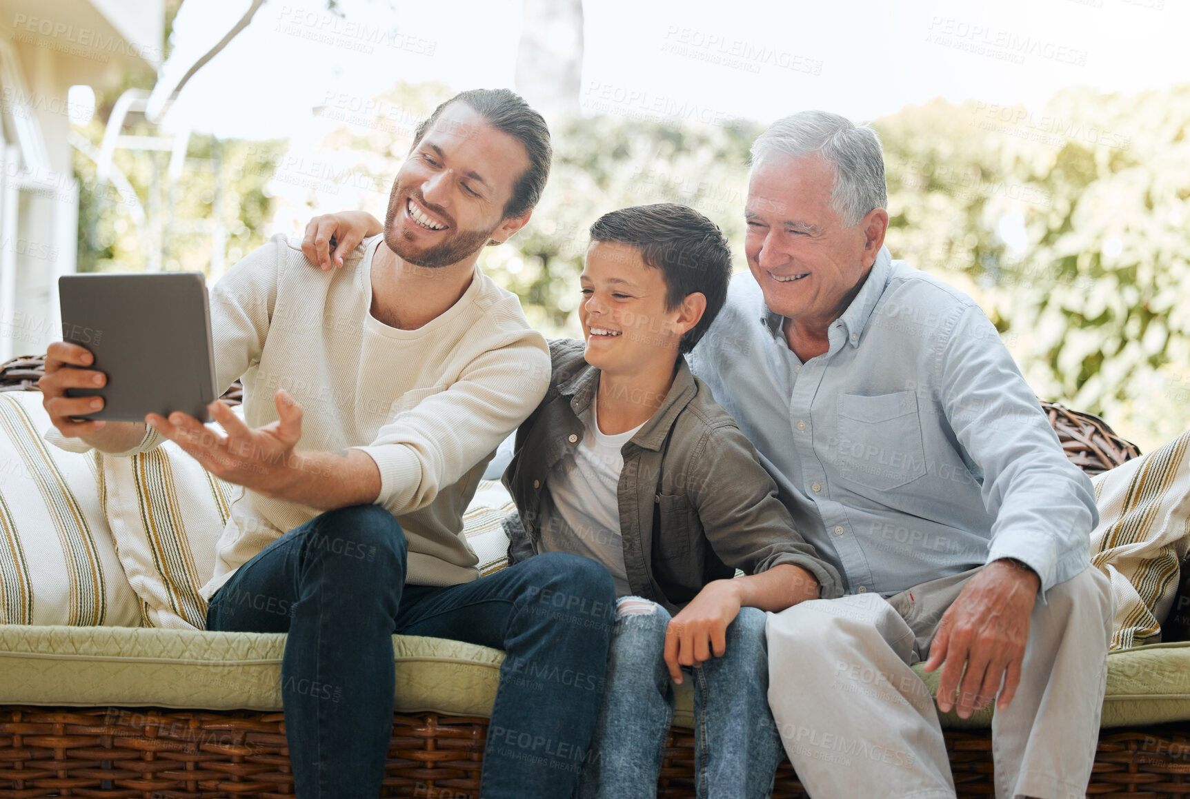 Buy stock photo Dad, old man and kid for selfie in home, patio couch and photography for social media update. Family, grandfather and boy for online camera, profile picture and together for weekend visit memory