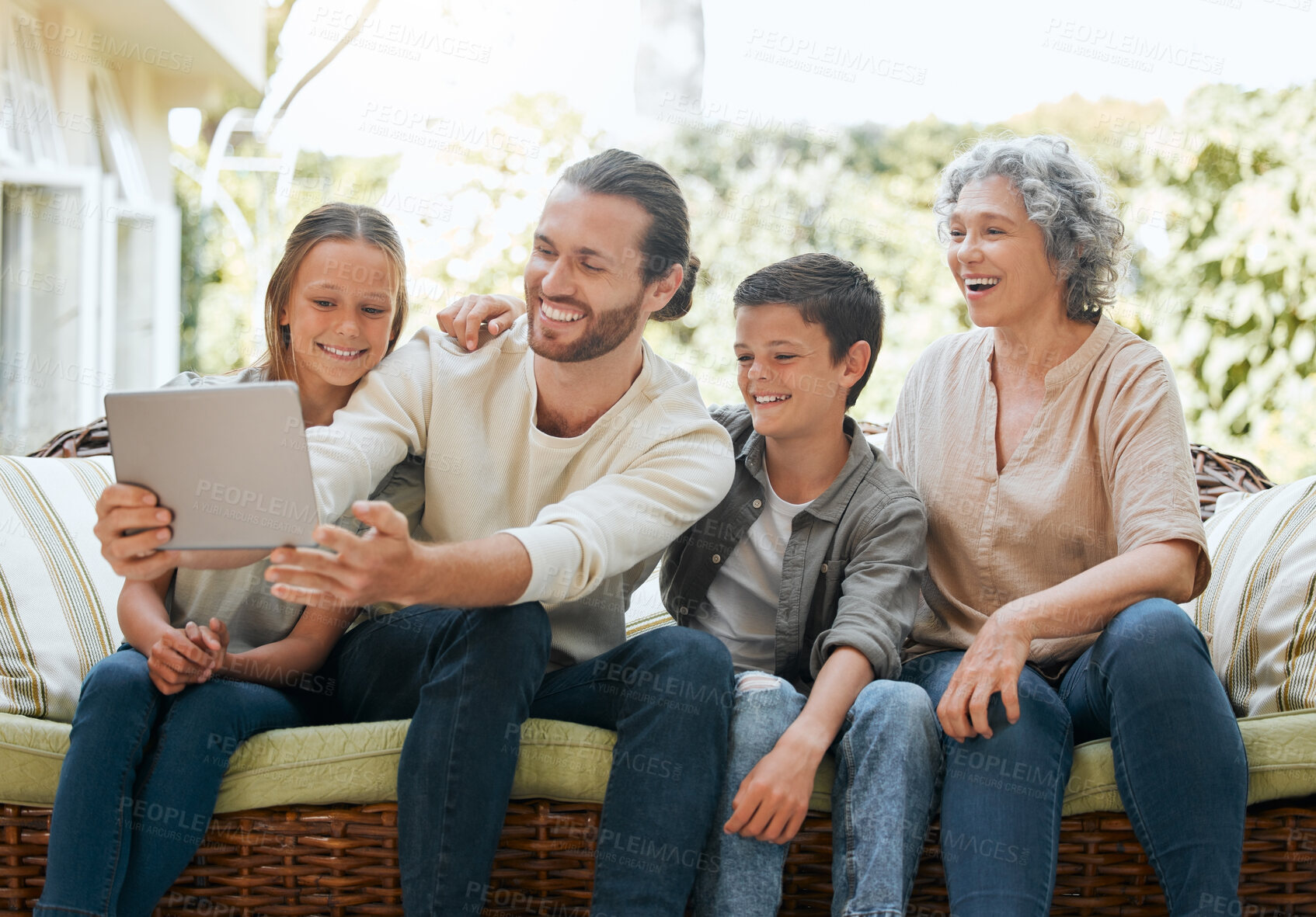 Buy stock photo Dad, old woman and kids on tablet for selfie, patio couch and photography for social media in home. Family, grandmother and children for online camera, profile picture and together for weekend visit