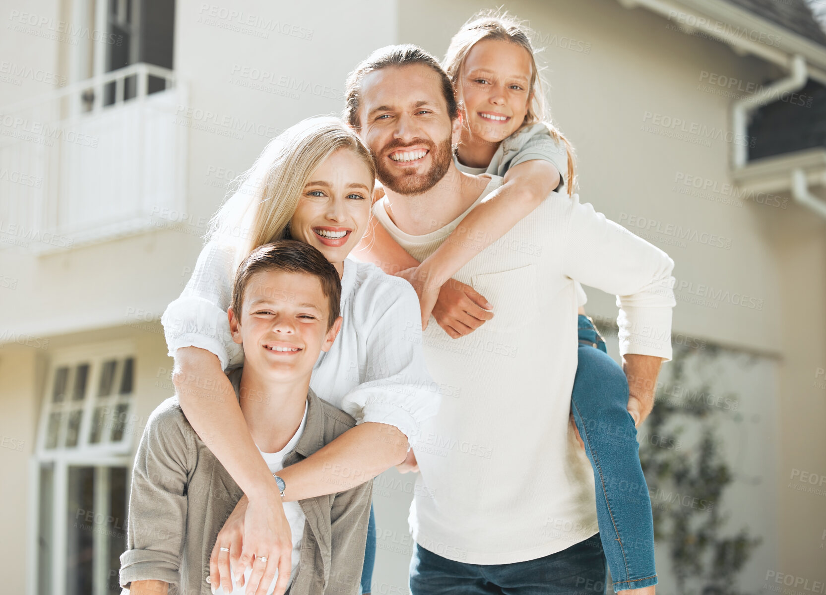 Buy stock photo Family, portrait and outdoor piggyback for bonding, garden love and together in Scotland for hug. Parents, support and embrace children for security in relationship, care and backyard of house