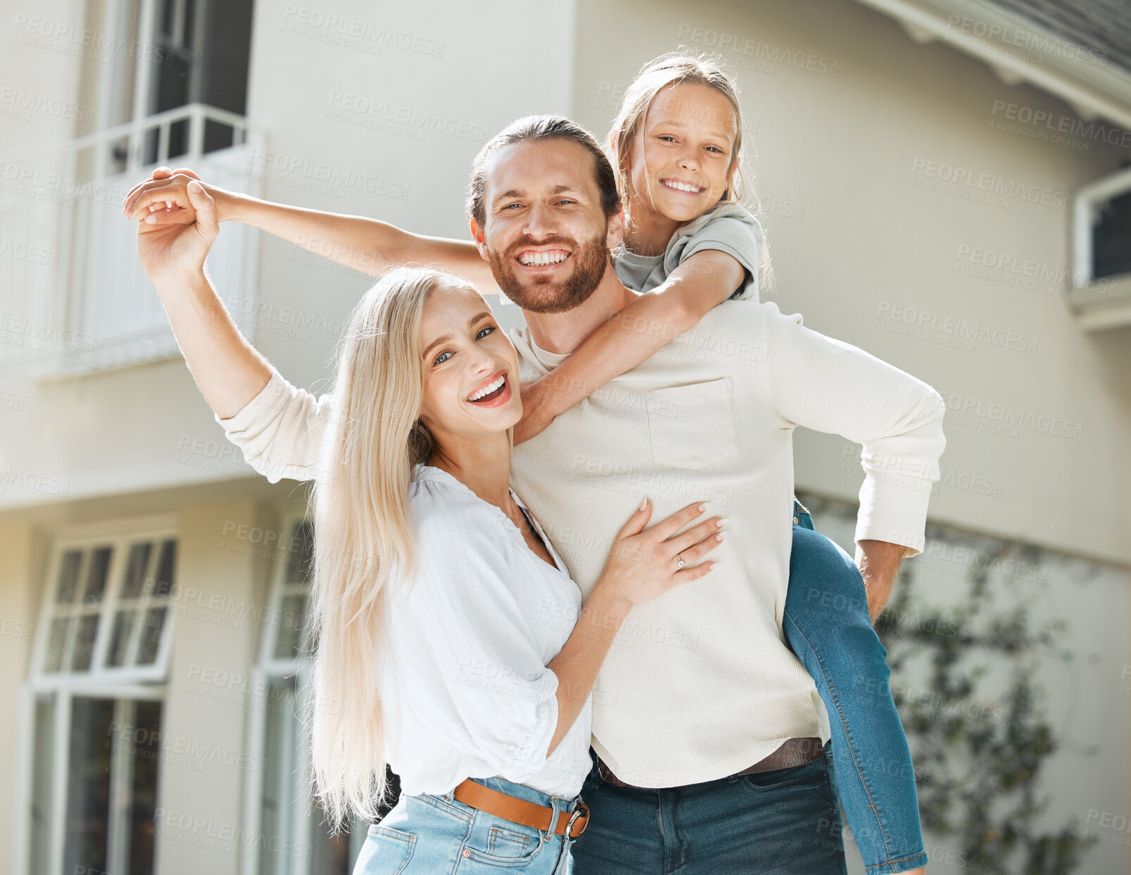 Buy stock photo Parents, girl and outdoor by home on piggyback with smile for new house on portrait in England. People, family and happy outside with kid for bonding, support and care with property ownership