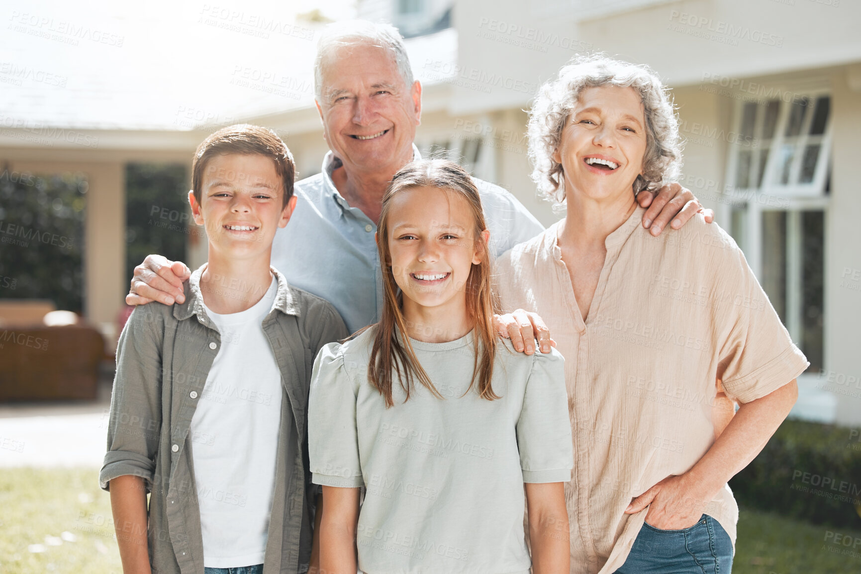 Buy stock photo Grandparents, kids and happy outside at home for bonding, support and care in England. People, family and outdoor with smile on portrait on visit as babysitter for break, relax and rest with trust