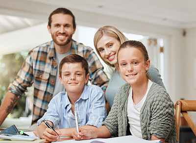 Buy stock photo Parents, kids and happy with math homework at home for education, learning and support with care. People, school work and portrait for child development, growth and project with calculator in England