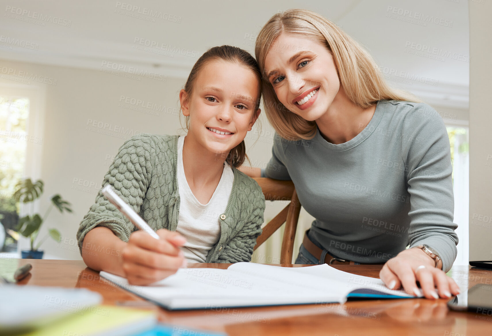 Buy stock photo Mother, child and portrait with homework in home for helping with studying, learning development and support. Happy family, woman and girl kid with books at dining table for education and scholarship