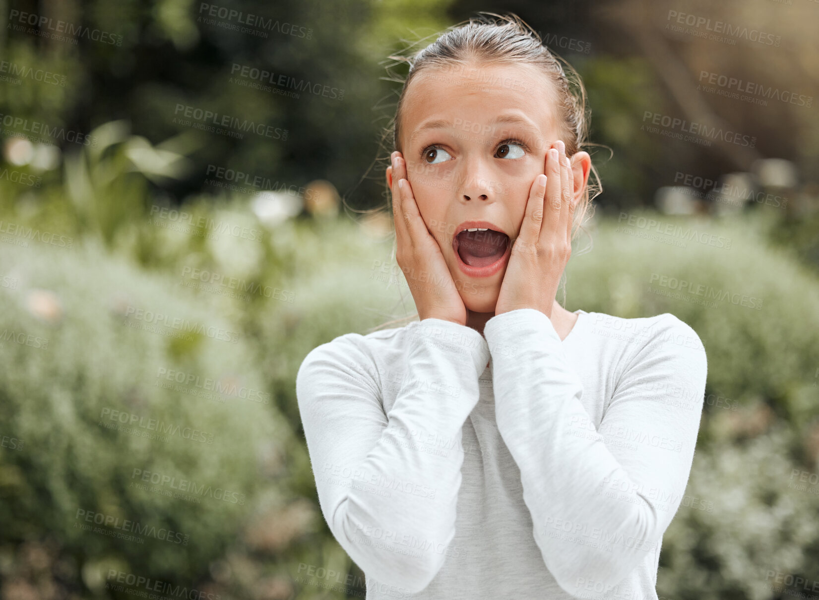 Buy stock photo Girl, shocked and mouth open outdoor for wow, mind blown and announcement with secret information. Female person, face and surprise in nature for drama, news and unexpected with omg, alert and amazed