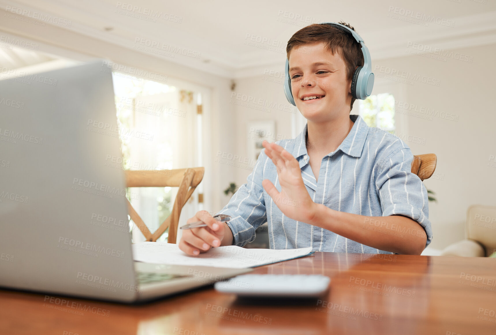 Buy stock photo Happy boy, wave and laptop with headphones for online class, tutor or childhood development at home. Young student, male person or child with computer for virtual lesson, education or remote learning