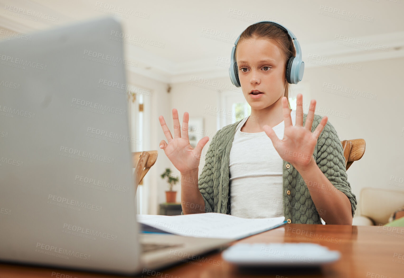 Buy stock photo Girl, hands and laptop with headphones for online class, mathematics or counting at home. Young student, female person or child with computer for virtual lesson, education or remote learning at house