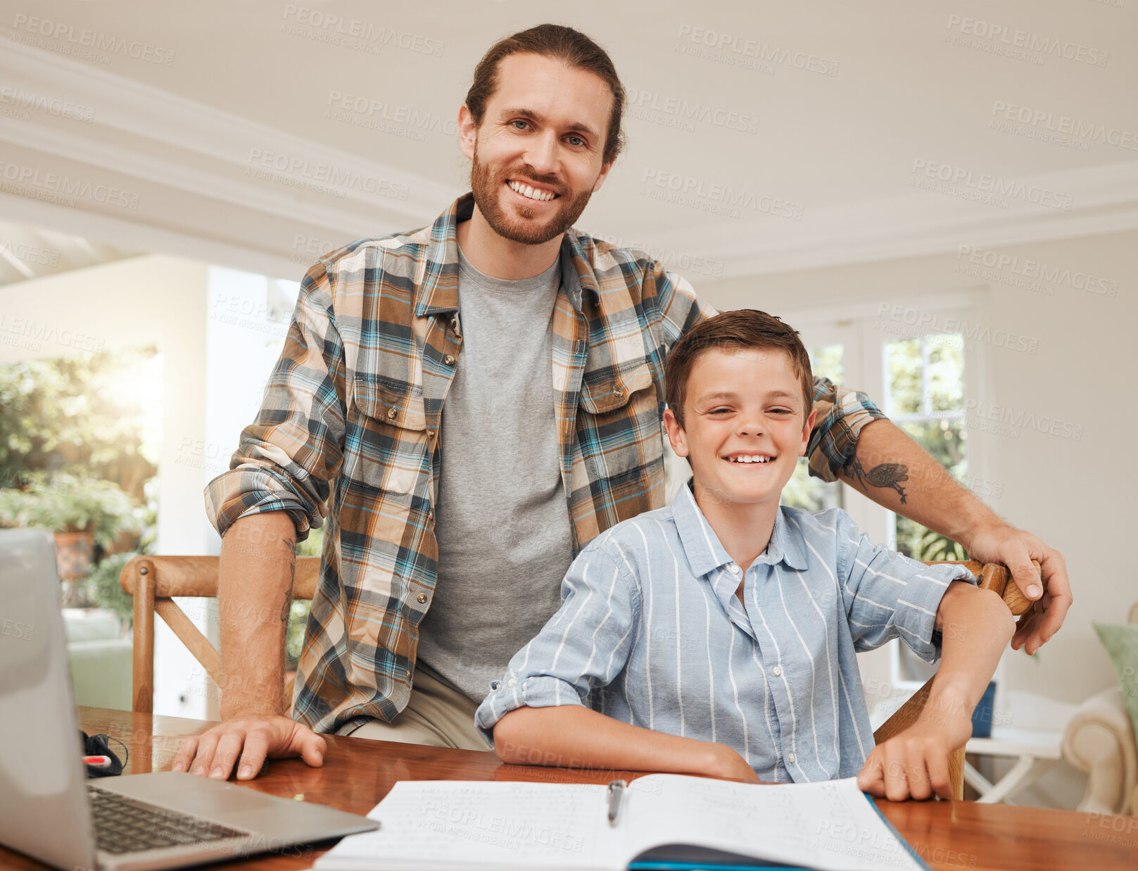 Buy stock photo Dad, boy and happy with laptop for elearning at home on portrait for education, support and care. People, parent and smile with kid on notebook for distance learning and child development in England