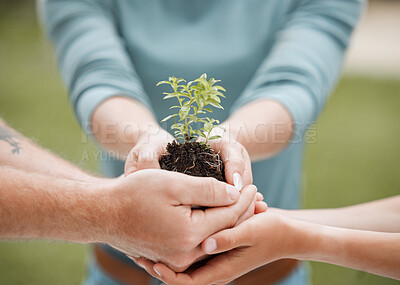 Buy stock photo Hands, plant and soil with nature, support and hope for sustainability and future. People closeup, environment and leaf for growth, accountability and development or green energy ngo with startup