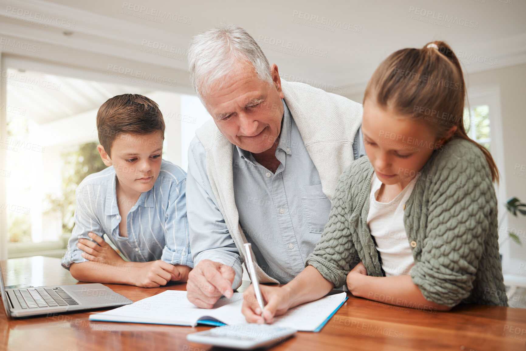 Buy stock photo Grandfather, kids and serious with math homework at home for education, learning and support with care. People, school work and calculator for child development, growth and project with notebook