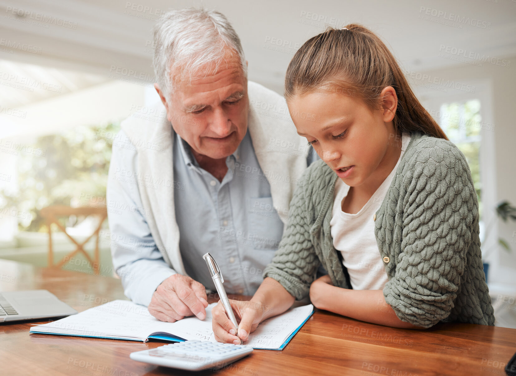 Buy stock photo Grandfather, girl and serious with math homework at home for education, learning and support with care. People, school work and calculator for child development, growth and project with notebook