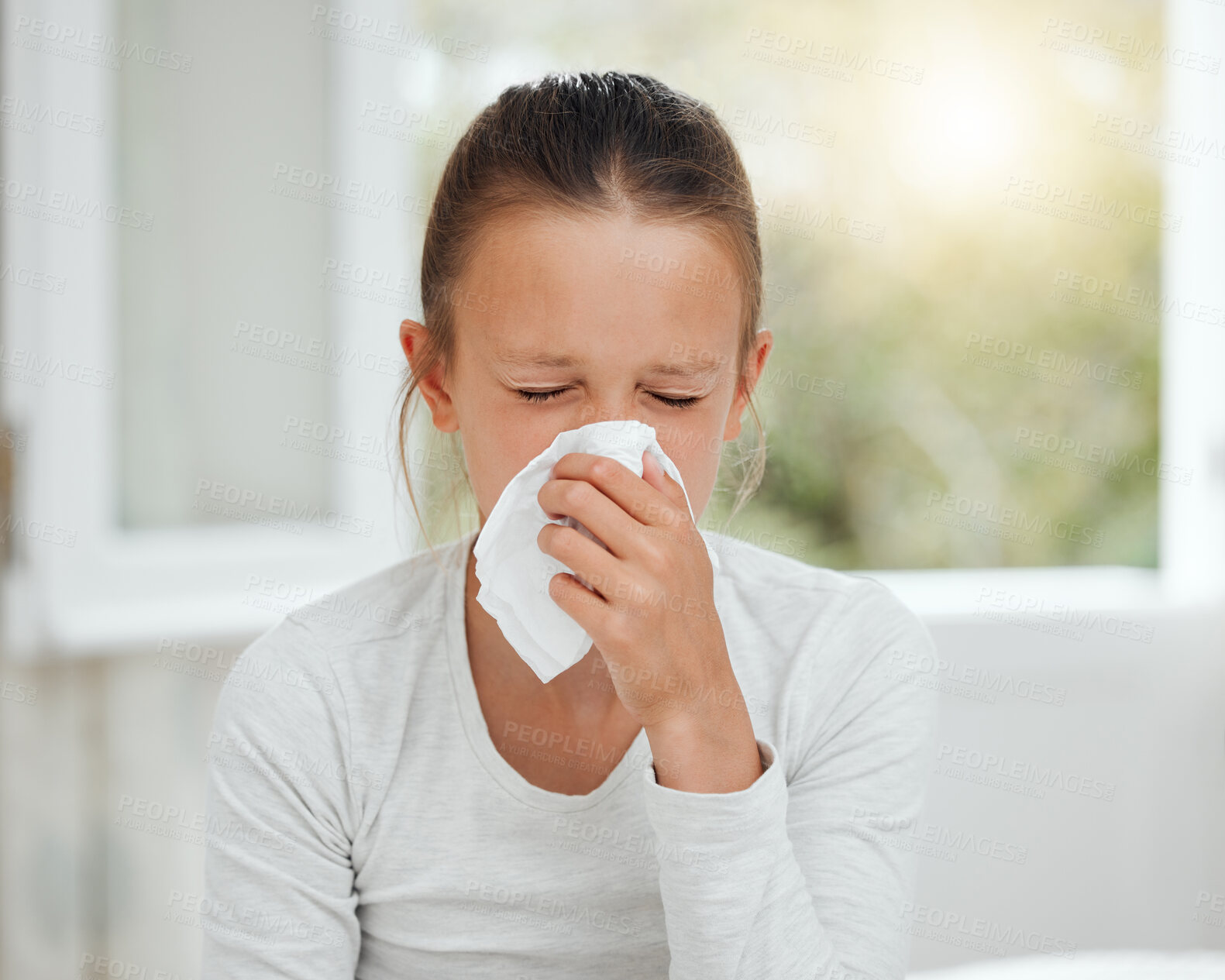 Buy stock photo Bed, sick and girl with tissue, virus and illness for bacteria, health issue and sneeze. Child, blowing nose and flu in bedroom, coughing and home with healthcare, allergy or viral sinus infection