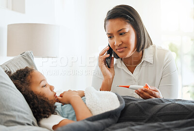 Buy stock photo Phone call, thermometer and sick child with mother in bedroom for telehealth, consulting or mpox emergency. Healthcare, communication and support with woman and girl in family home for virus outbreak