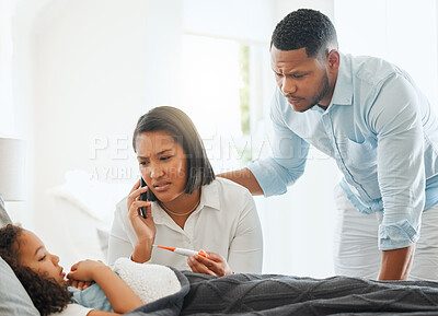 Buy stock photo Parents, worried and temperature of child, phone call and communication for healthcare, flu and family. Family, sick and mother with thermometer, cold and contact for help, man and woman in home