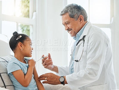 Buy stock photo Happy man, doctor and child with injection for vaccine, antibiotic or cure on bed at home. Medical employee, little girl or kid with syringe or needle for vaccination, healthcare or flu shot at house