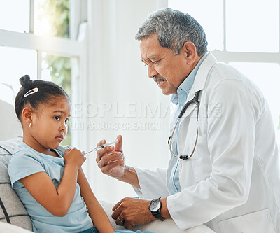 Buy stock photo Man, doctor and child with injection for vaccine, antibiotic or cure on bed at home. Mature, medical employee and little girl with syringe or needle for vaccination, healthcare or flu shot at house