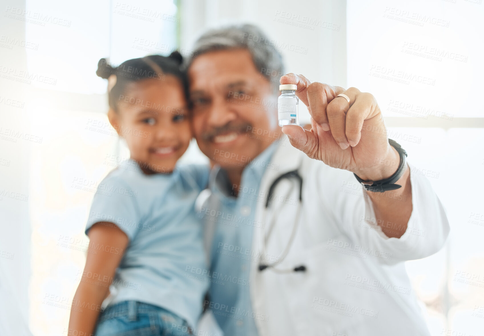 Buy stock photo Happy doctor, child and bottle with vial for vaccine, medicine or antiobiotic at hospital. Closeup, hand or medical employee with young kid, little girl or cure for vaccination or injection at clinic