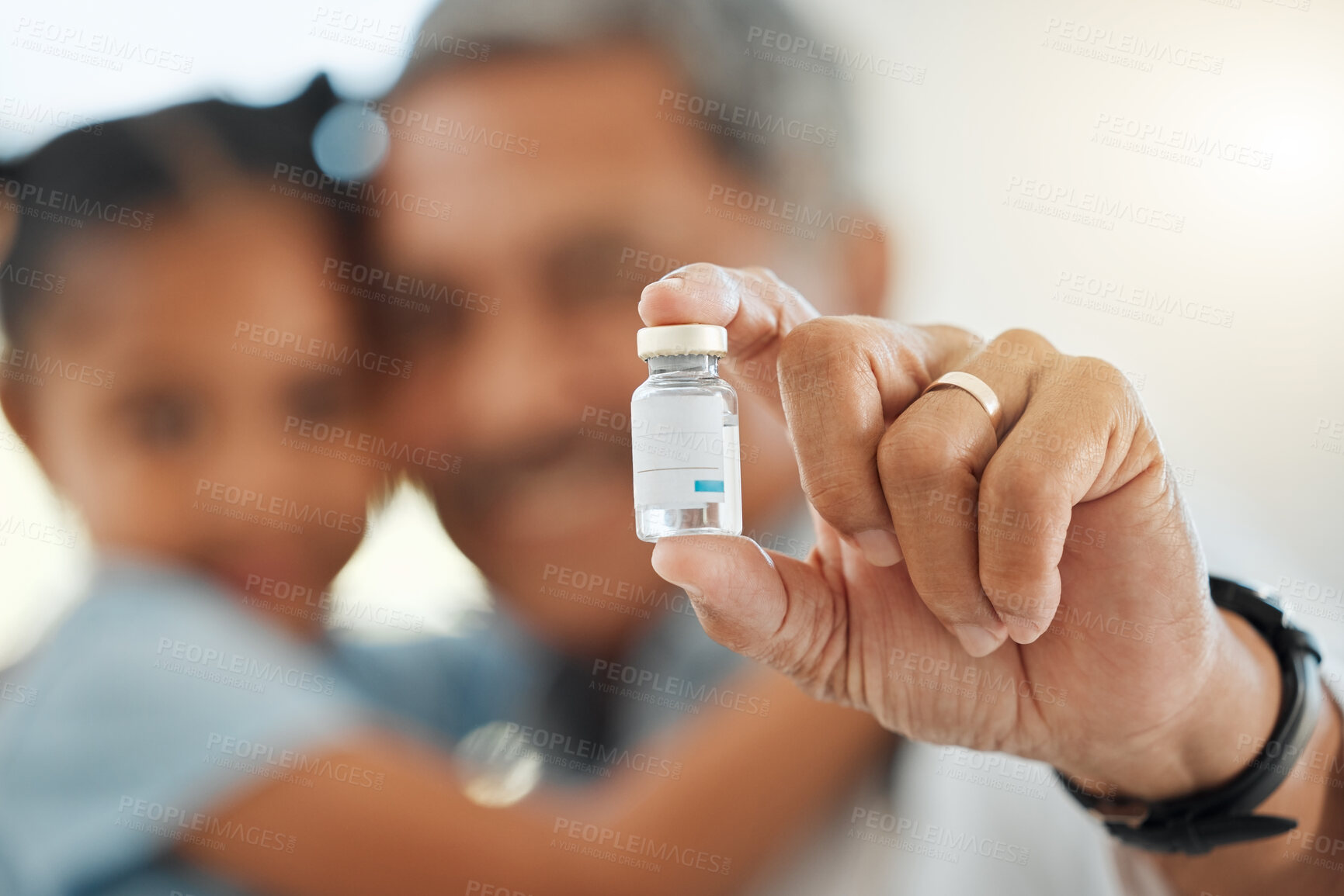 Buy stock photo Doctor, child and hand with vial for vaccine, medicine or antiobiotic at hospital or clinic. Closeup, medical employee and bottle with young kid, little girl or cure for vaccination or injection