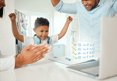 Buy stock photo Shot of parents celebrating with their son while doing homework at home