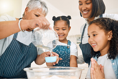 Buy stock photo Grandmother, mom or happy children baking in kitchen as a happy family with siblings learning cookies recipe. Mixing cake, development or grandma smiling or teaching excited kids to bake with flour