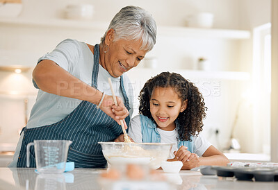 Buy stock photo Grandmother, cooking or child baking in kitchen as a happy family with young girl learning cookies recipe. Mixing cake flour, development or grandma smiling, helping or teaching kid to bake at home