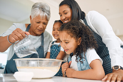 Buy stock photo Grandmother, mom or children in kitchen to bake as a happy family with siblings learning cookies recipe. Mixing cake, development or grandma smiling or teaching young kids baking by pouring water
