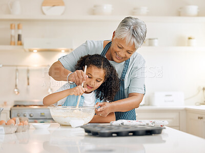 Buy stock photo Bake, girl and grandmother teaching skills, love or learning with growth, happiness or child development with utensils, food and home. Family, grandma and female grandchild in a kitchen with dough