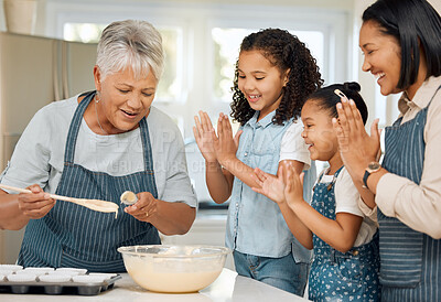 Buy stock photo Applause for grandmother, mom or happy kids baking in kitchen as a family with young siblings learning. Mixing cake, grandma or excited parent smiling, clapping or teaching girls to bake with flour 