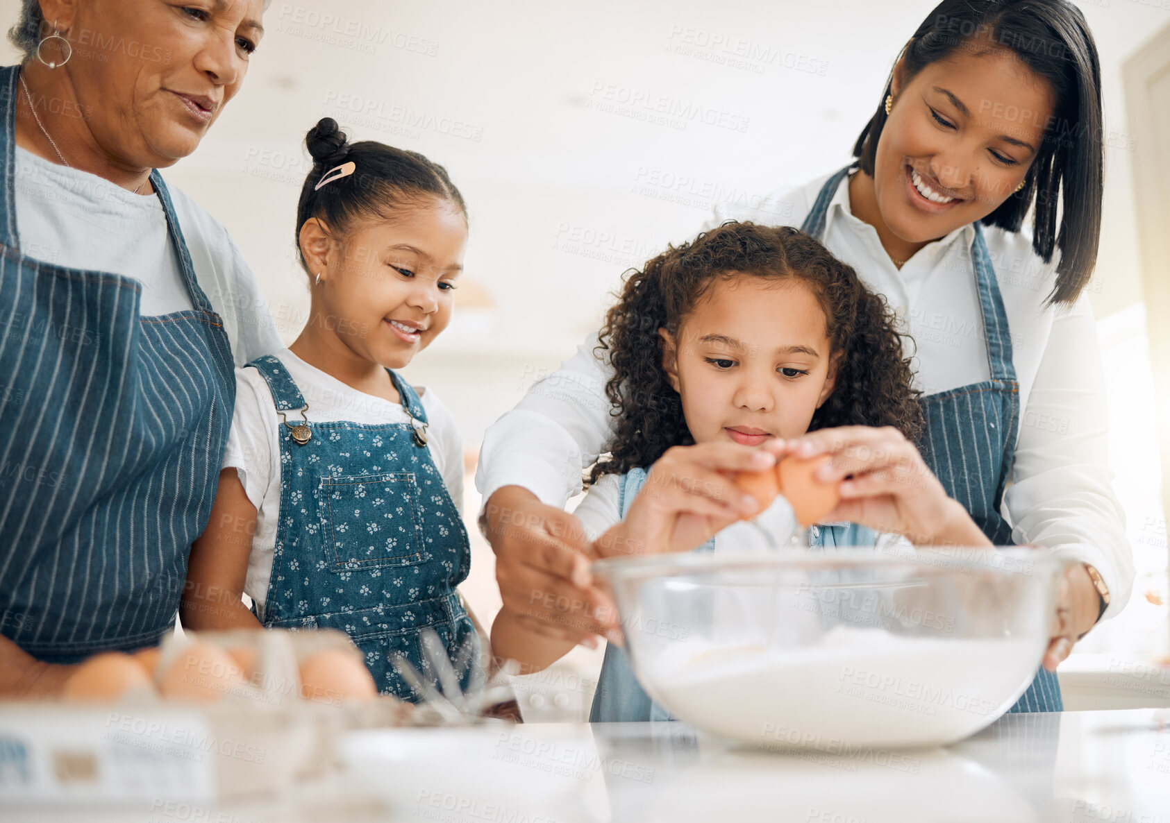 Buy stock photo Grandmother, mom or kids baking in kitchen as a happy family with young girl learning cookies recipe. Mixing cake, parent or grandma smiling or teaching children to bake with eggs for development 