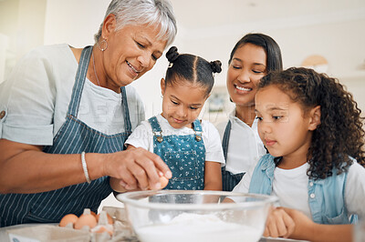 Buy stock photo Grandmother teaching, mom or kids baking in kitchen as a happy family with young girl learning a recipe. Mixing cake, parent or grandma smiling or helping children to bake with eggs for development 