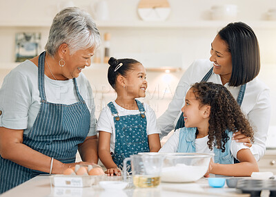 Buy stock photo Grandmother, mom or happy kids baking in kitchen in a family home with siblings learning cooking skills. Cake, woman laughing or grandma smiling, talking or teaching young children to bake together