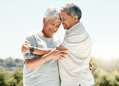 Buy stock photo Senior couple, hug and happy in nature on vacation, holiday or summer bonding. Love, hugging and retirement of man and woman with a smile and enjoying quality time together on intimate date mockup.