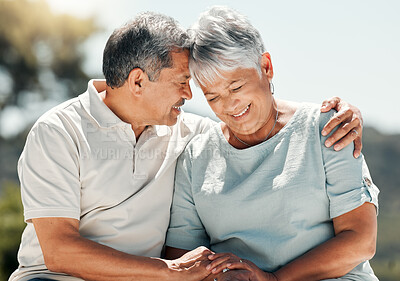 Buy stock photo Senior couple, hug and happy in nature on vacation, holiday or summer bonding. Hugging, care and retirement of man and woman with happiness, love and enjoying quality time together on romantic date.