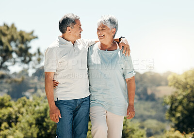 Buy stock photo Hug, senior couple and smile in nature on vacation, holiday or summer bonding. Love, hugging and retirement of man and woman with happiness and enjoying quality time together on romantic date mockup.