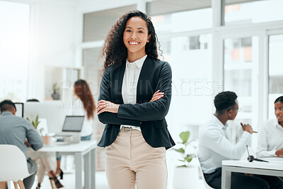 Buy stock photo Happy, business woman and portrait with arms crossed and confidence from web writer at agency. Creative, smile and African employee ready for press, reporter and journalism work in office with staff