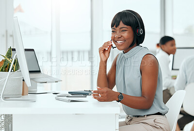 Buy stock photo Call center, black woman and consultant with headset talking to client for customer service, technical support and advice. Telemarketing, agent and help desk operator with microphone for assistance