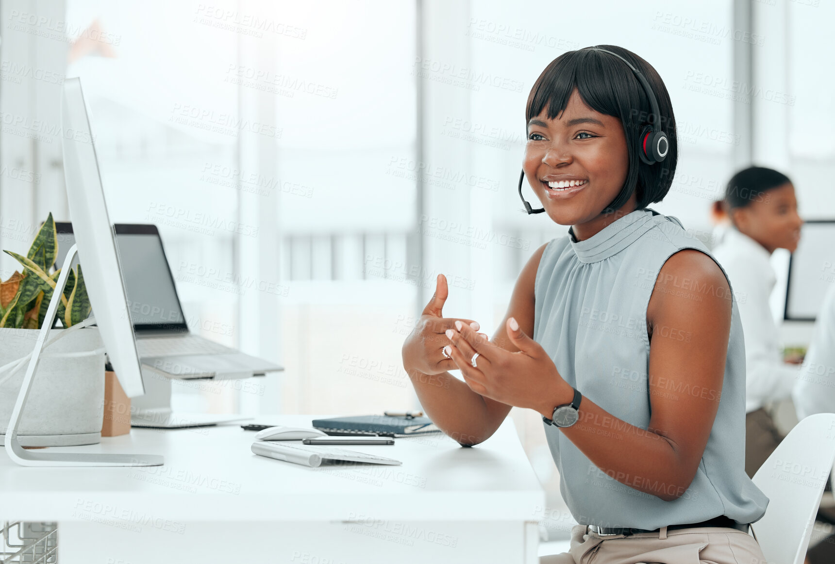 Buy stock photo Call center, woman and agent with headset talking to client for customer service, technical support and advice. Telemarketing, african operator and help desk consultant with microphone for assistance