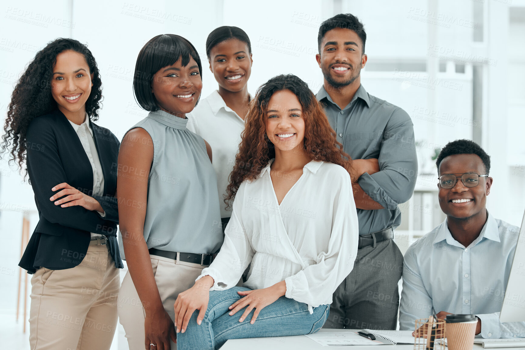 Buy stock photo Happy, teamwork and portrait of business people in office for about us, collaboration and partnership. Corporate, diversity and men and women smile for professional career, company pride or confident