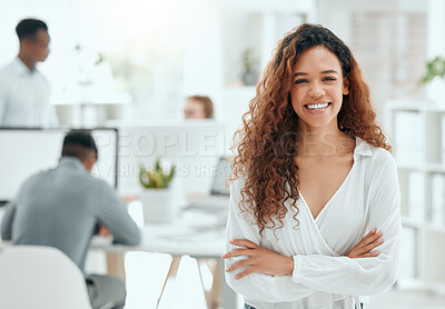 Buy stock photo Smile, business woman and portrait with arms crossed and confidence from web writer at agency. Creative, happy and employee ready for press, reporter and journalism work in office with staff