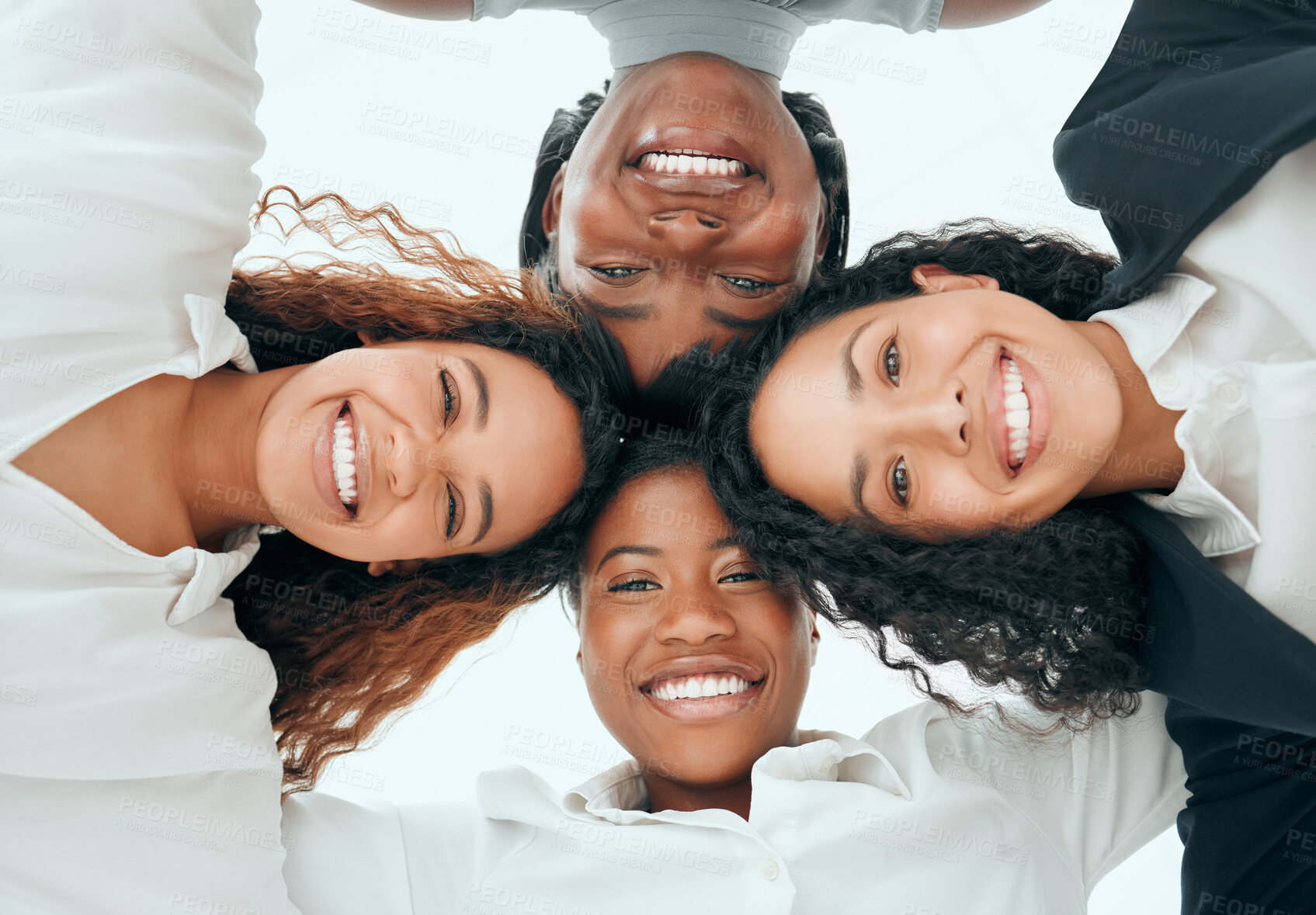 Buy stock photo Business, women and happy in huddle portrait for collaboration, team building or solidarity in workplace. Low angle, professional people or employees with smile for support, unity or group motivation