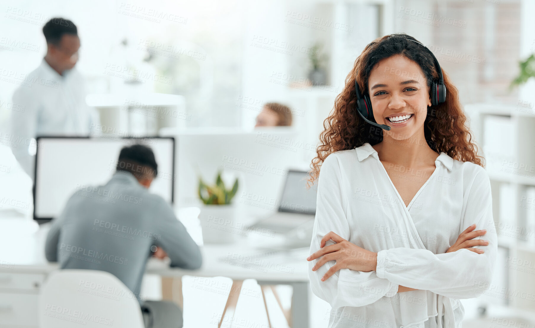 Buy stock photo Call center woman, confident portrait and office with arms crossed, leader and pride with team in blurred background. Telemarketing manager, happy and smile for customer service, tech support or crm
