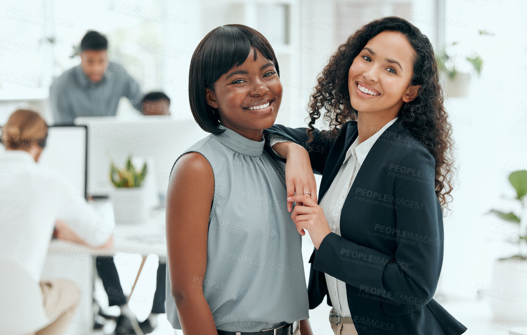 Buy stock photo Happy, business women and portrait with collaboration and diversity from web writer at agency. Creative, smile and teamwork of employee for press, reporter and journalism work in startup office