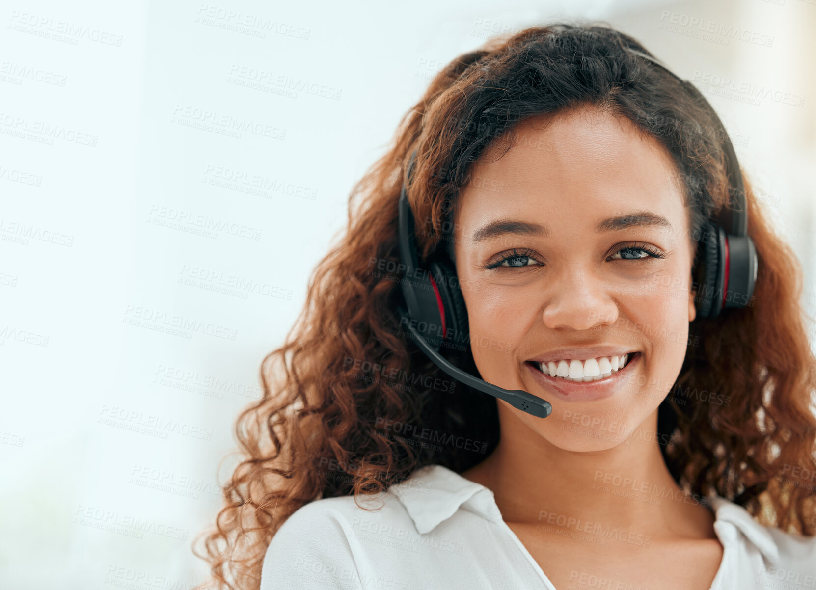 Buy stock photo Call center woman, portrait and smile in office with pride, career vision and consulting with mockup space. Telemarketing consultant, happy and contact us for customer service, tech support and crm