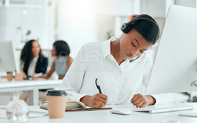 Buy stock photo Writing, businesswoman and microphone with computer for call center, telemarketing and customer information. Office, female agent and digital with headset for listening, helping or notes for question