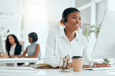 Buy stock photo Call center, woman and consultant with headset typing to client for customer service, technical support and advice. Telemarketing, agent and help desk operator with microphone for assistance