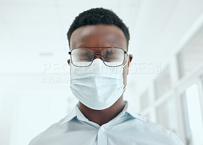 Buy stock photo Office, black man and sneeze with face mask for virus, bacteria illness and safety for spread infection or sick. Workplace, business person and fever with protection for cough, wellness and health