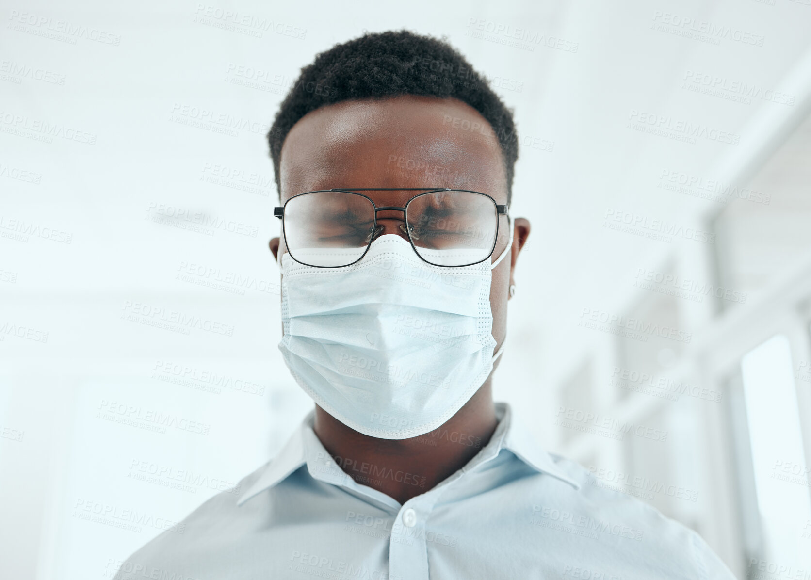 Buy stock photo Office, black man and sneeze with face mask for virus, bacteria illness and safety for spread infection or sick. Workplace, business person and fever with protection for cough, wellness and health