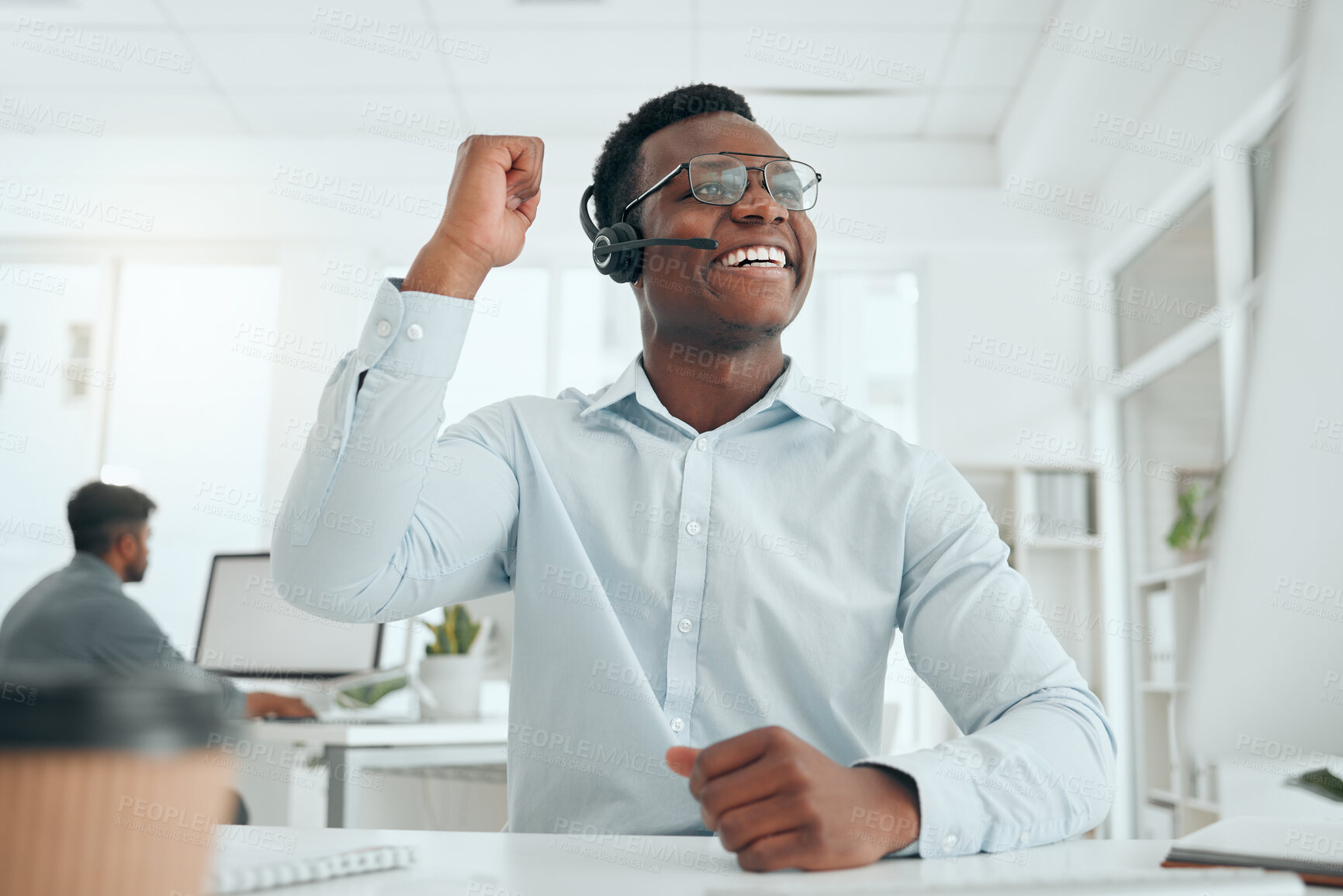 Buy stock photo Winner, businessman and headset with computer for call center, telemarketing and customer service success. Office, male agent and digital with fist gesture for promotion, sales target and celebration