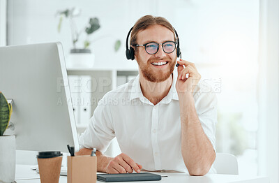 Buy stock photo Call center, man and consultant with headset talking to client for customer service, technical support and advice. Telemarketing, friendly agent and help desk operator with microphone for assistance