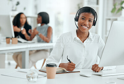 Buy stock photo Portrait, businesswoman and microphone with computer for call center, telemarketing and customer information. Office, female agent and digital with headset for listening, helping and writing notes