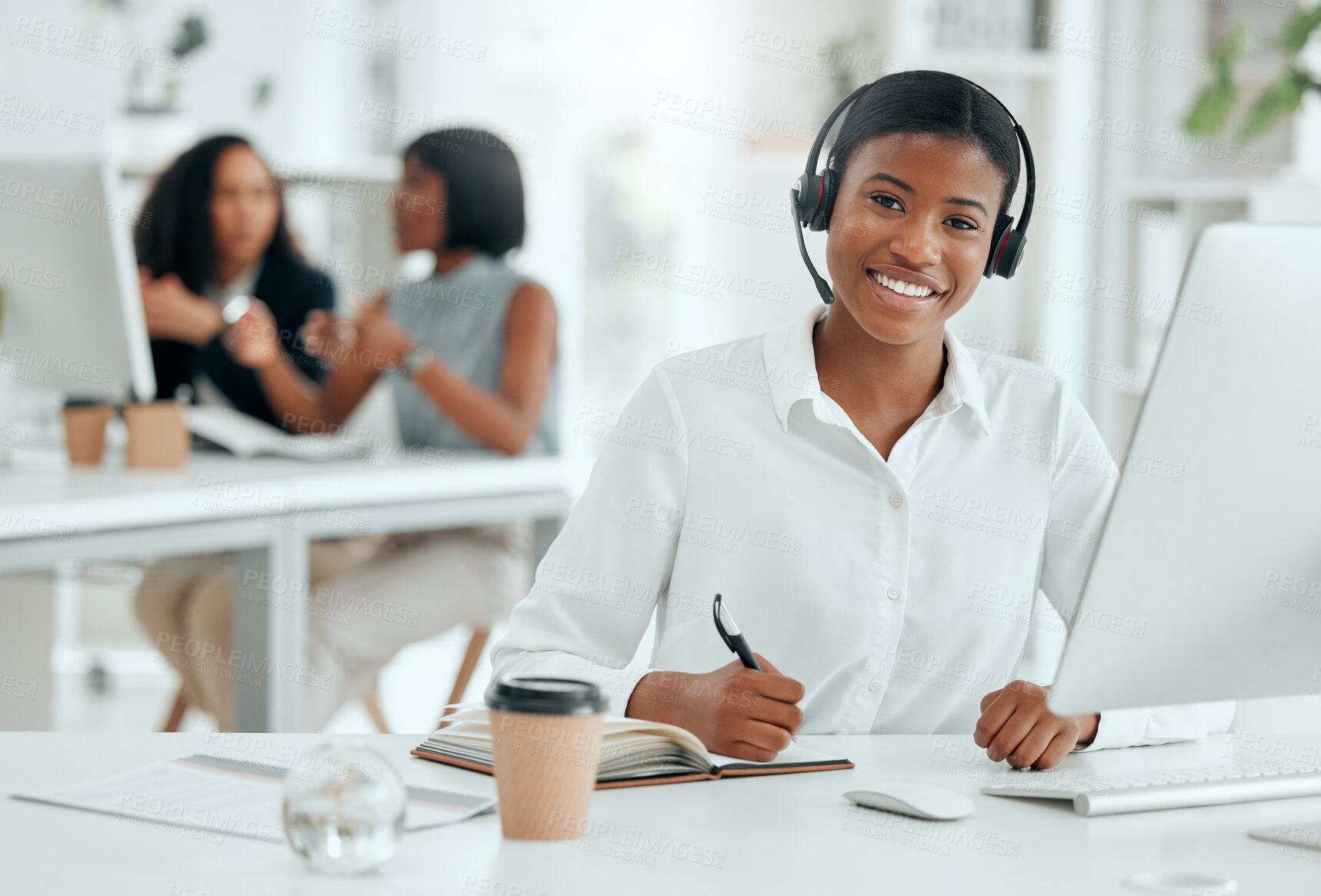 Buy stock photo Portrait, businesswoman and microphone with computer for call center, telemarketing and customer information. Office, female agent and digital with headset for listening, helping and writing notes